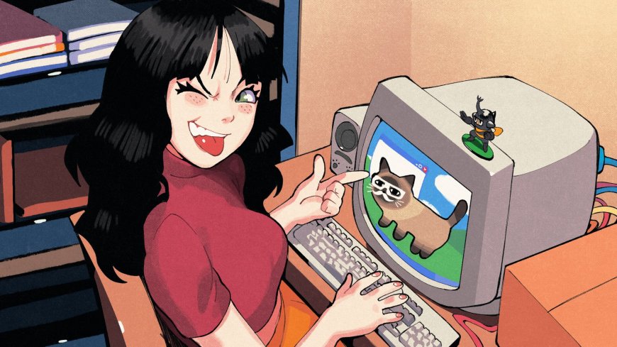 黑发异色瞳少女指向电脑屏幕戴墨镜猫动漫电脑壁纸