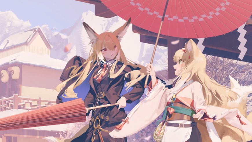 狐耳少女雪景神社红伞日式和风动漫电脑壁纸