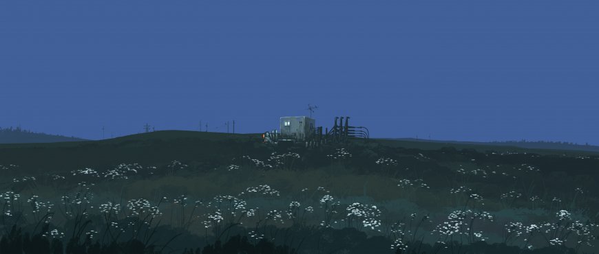 荒野小屋孤灯微光蓝夜静谧风景插画电脑壁纸