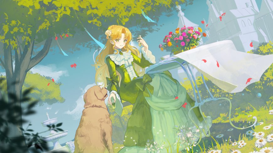 金发少女绿裙持花与金毛犬花园邂逅清新唯美动漫电脑壁纸