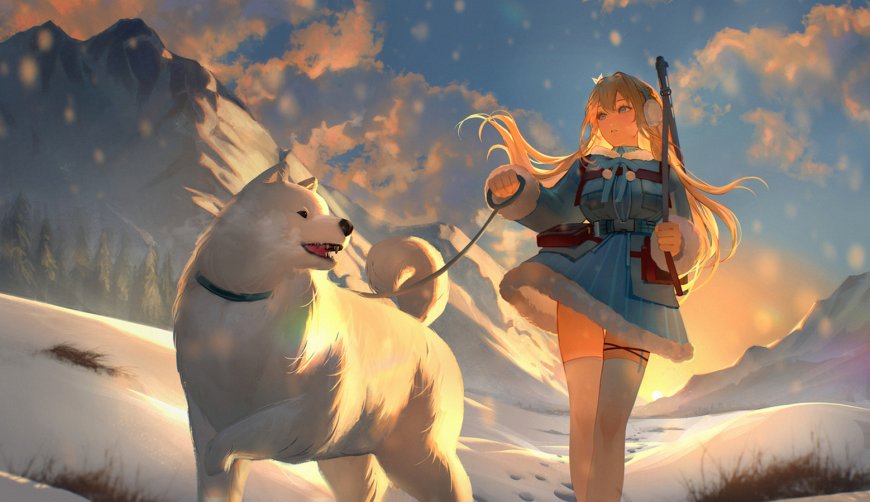 金发少女牵白犬雪原漫步暖橙动漫电脑壁纸