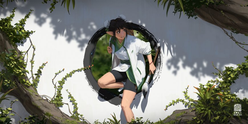 精灵少女白绿校服持笔跃出墨圆窗青绿自然风动漫电脑壁纸