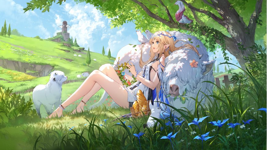 精灵少女躺卧草地白兽相伴蓝花绿野动漫电脑壁纸