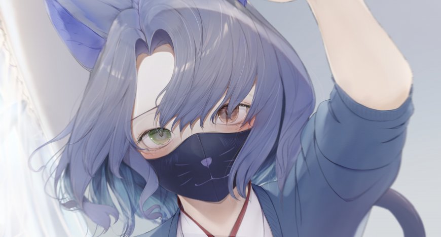 蓝发猫耳少女戴黑猫口罩异色瞳动漫电脑壁纸