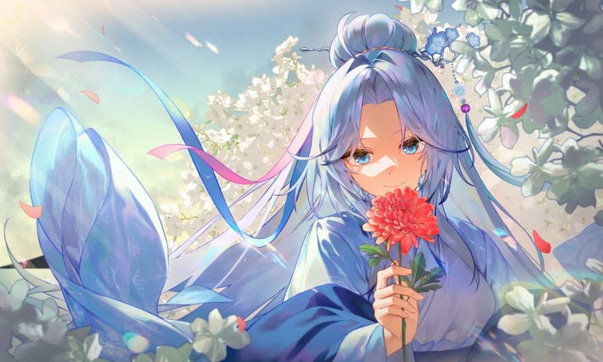 蓝发少女手持红菊古风仙气粉蓝动漫电脑壁纸