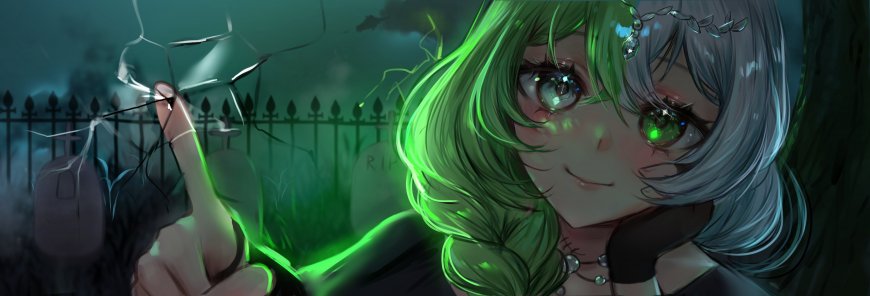 绿发双色少女触碰裂痕墓园暗绿动漫电脑壁纸