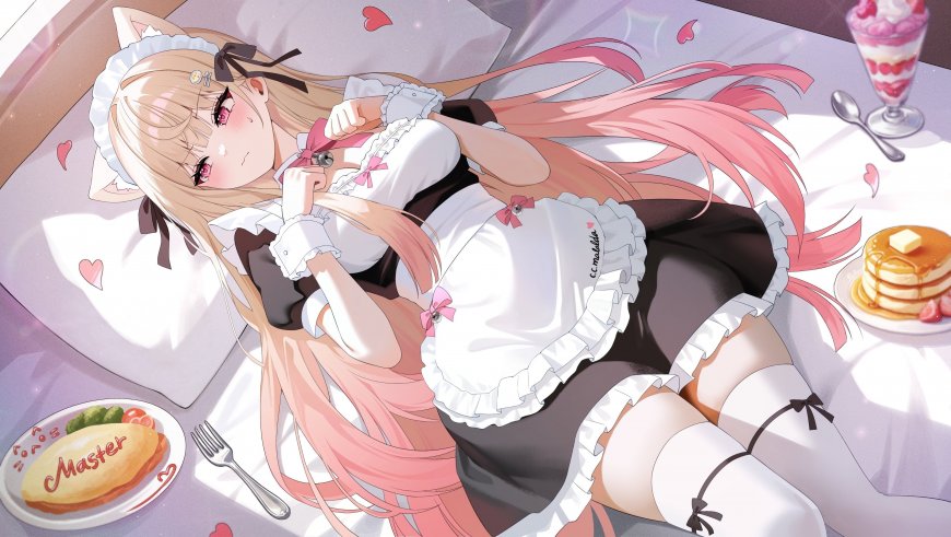 猫耳女仆少女粉发红瞳甜点环绕粉紫动漫电脑壁纸