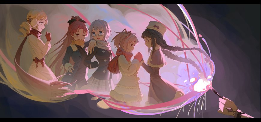 魔法少女小圆五位主角围聚光球粉紫梦幻动漫电脑壁纸