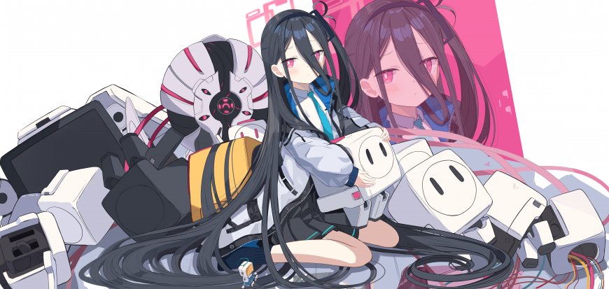 蔚蓝档案长发黑发少女抱机器人粉白动漫电脑壁纸