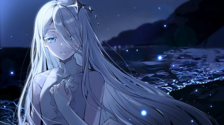银发蓝瞳少女夜海星光闪耀蓝紫动漫电脑壁纸