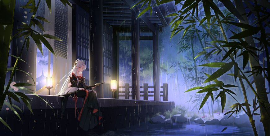 银发少女持剑坐廊下竹林夜雨蓝紫古风动漫电脑壁纸