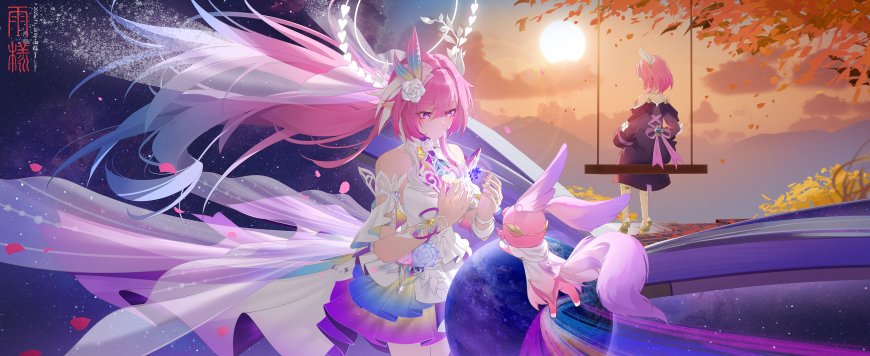 雨缘粉发少女持花祈愿紫白梦幻动漫电脑壁纸