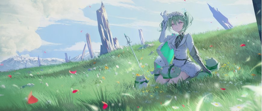 原神 纳西妲绿发花环少女坐草地持剑青绿动漫电脑壁纸