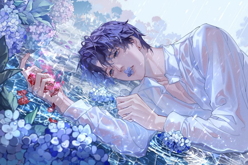 紫发少年雨中捧花蓝白清新动漫电脑壁纸