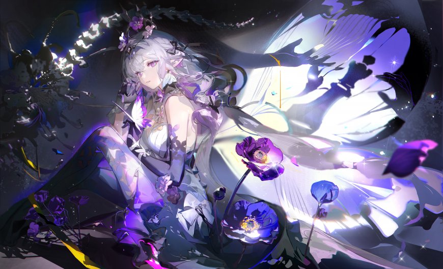 紫发少女蝶翼花海梦幻紫白动漫电脑壁纸