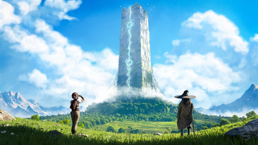 高塔闪电贯穿云霄绿野双人仰望蓝白奇幻插画电脑壁纸