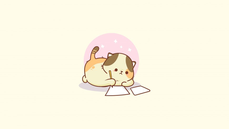三花猫趴卧写字可爱萌宠粉紫动漫电脑壁纸