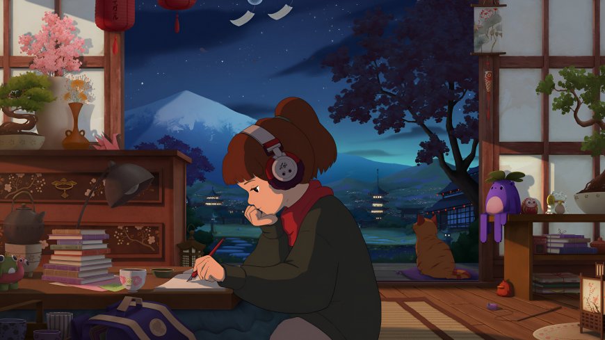 少女戴耳机伏案书写夜景富士山日式房间蓝紫动漫电脑壁纸