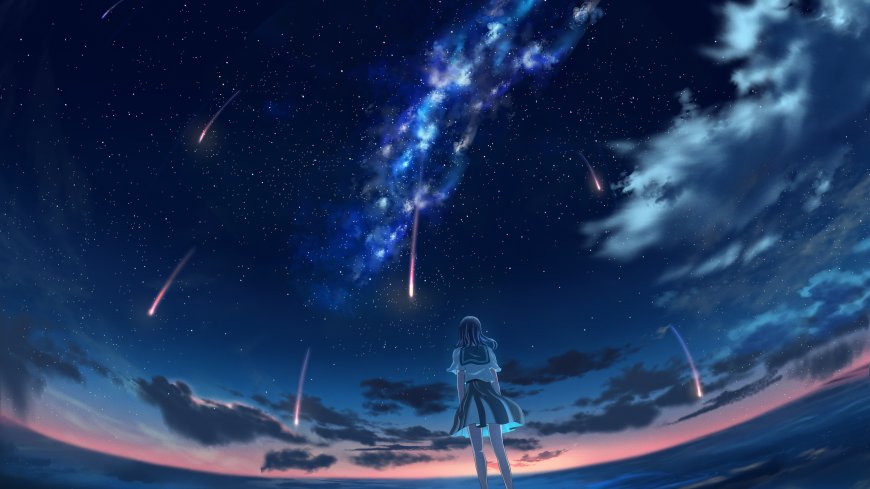 星空流星雨下蓝发少女仰望银河蓝紫梦幻动漫电脑壁纸