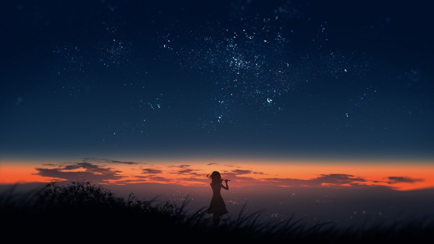星空下吹笛少女剪影橙紫渐变风景电脑壁纸