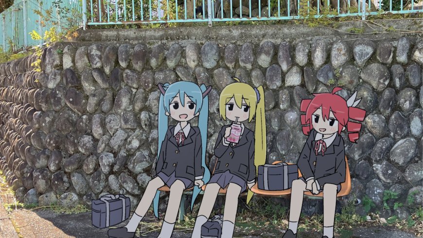 初音未来镜音铃巡音流歌校园风石墙背景动漫电脑壁纸