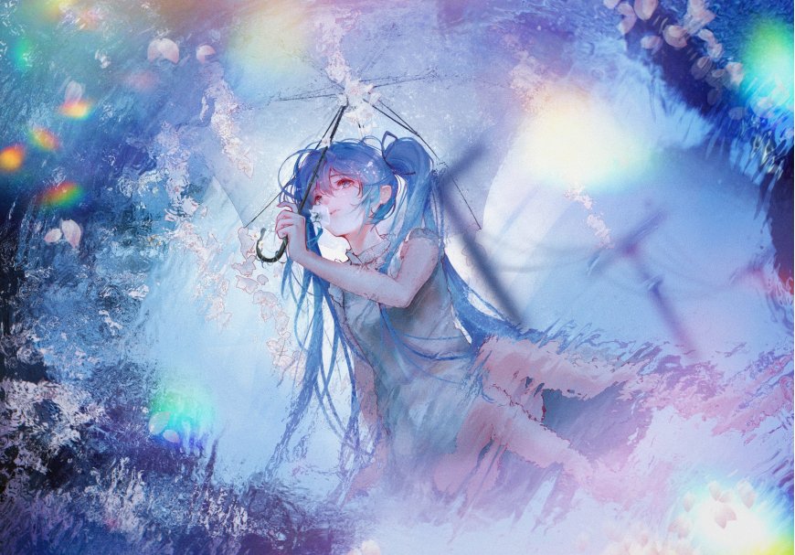 初音未来蓝发双马尾持伞樱花雨梦幻紫蓝动漫电脑壁纸