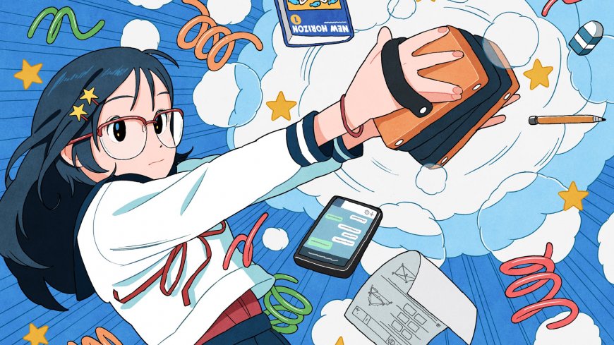 动漫角色黑发少女戴红框眼镜伸手持游戏机蓝白梦幻动漫电脑壁纸