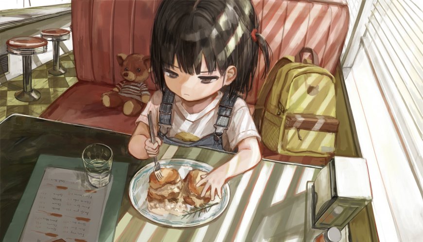 动漫少女餐厅用餐叉子切面包暖棕插画电脑壁纸