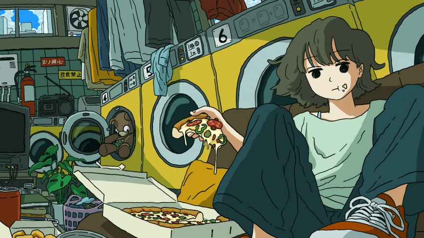 动漫少女吃披萨慵懒坐洗衣房黄绿手绘风格动漫电脑壁纸