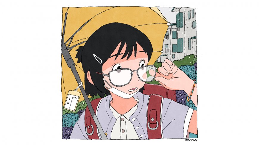 动漫少女黑发戴眼镜撑黄伞暖色调插画电脑壁纸
