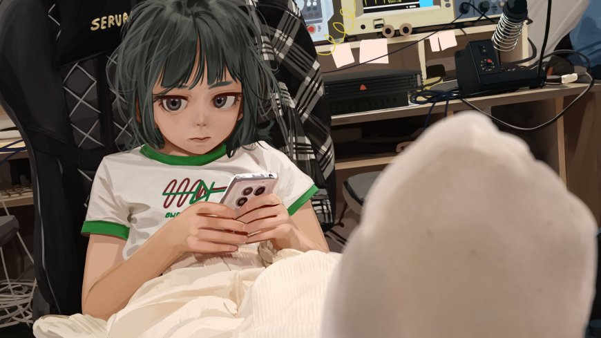 动漫少女灰绿短发穿白绿T恤专注玩手机暖调室内场景动漫电脑壁纸