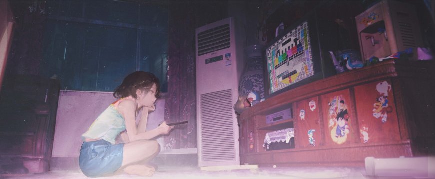 短发少女蹲坐持枪凝视老电视紫粉插画电脑壁纸