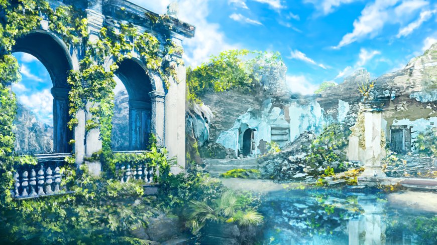 废墟古堡藤蔓缠绕碧水倒影蓝白插画电脑壁纸