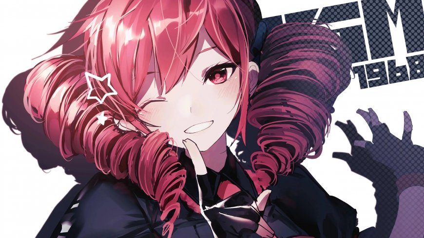 粉发双马尾少女眨眼微笑星形发饰暗紫动漫电脑壁纸