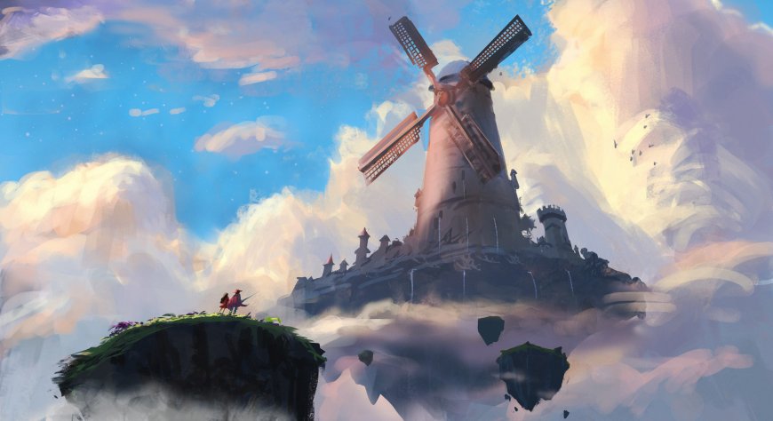 风车城堡浮空岛云海梦幻蓝白奇幻插画电脑壁纸
