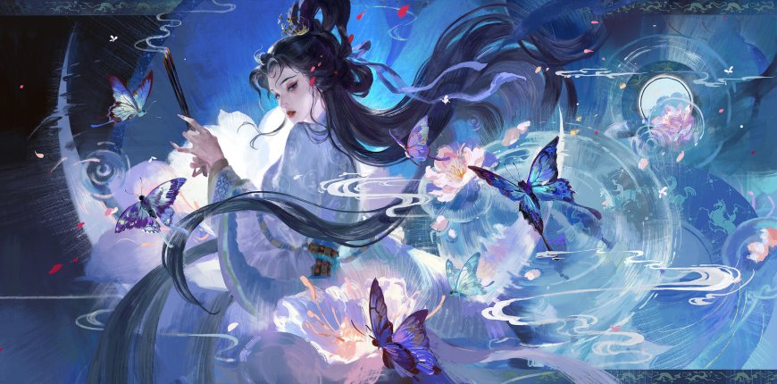 古风少女执笔蝶舞蓝紫梦幻唯美电脑壁纸