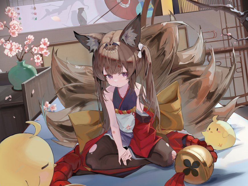 狐耳少女和风服饰樱花庭院粉紫动漫电脑壁纸