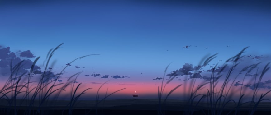 黄昏草原鸟居剪影蓝紫渐变插画电脑壁纸