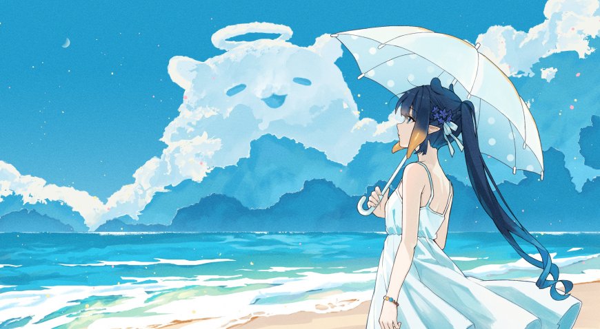 蓝发少女持透明伞海边伫立云朵天使形象清新蓝白动漫电脑壁纸