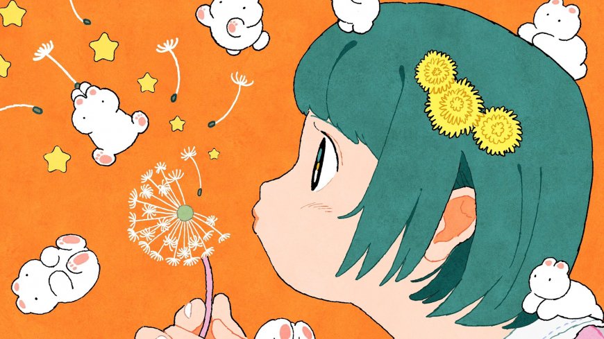 绿发少女吹蒲公英黄花点缀橙暖动漫电脑壁纸