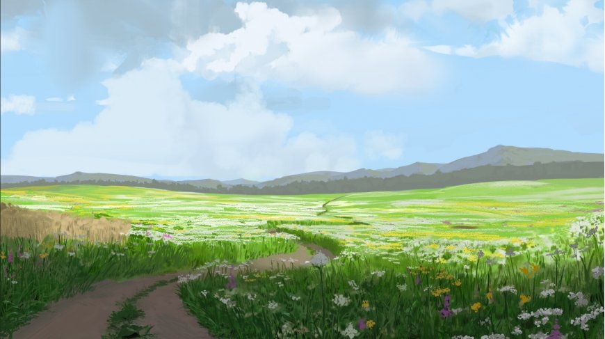绿野花海小径蜿蜒远山如黛蓝白清新插画电脑壁纸