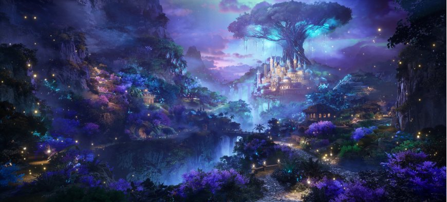 梦幻树屋城堡悬浮山谷紫蓝奇幻插画电脑壁纸