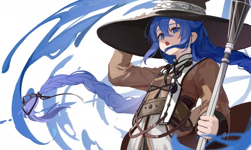 魔女之旅伊蕾娜蓝发宽帽持杖施法蓝白动漫电脑壁纸