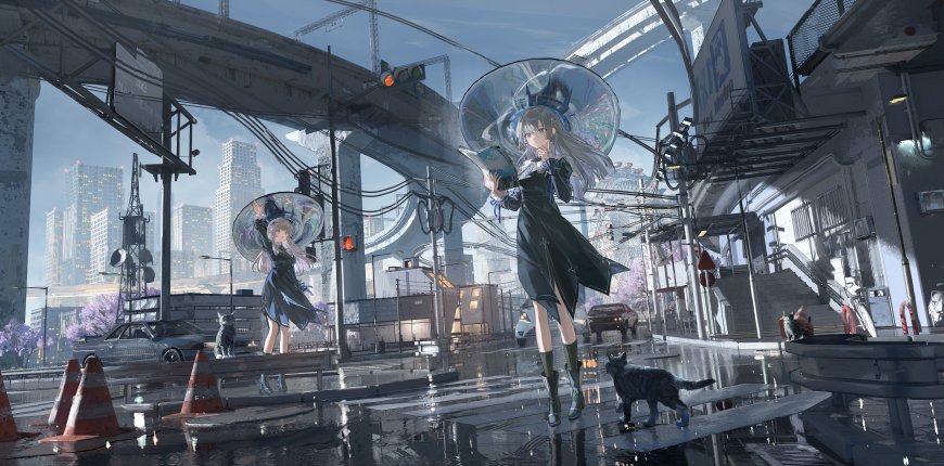赛博朋克都市雨景双少女持透明伞黑裙蓝灰动漫电脑壁纸