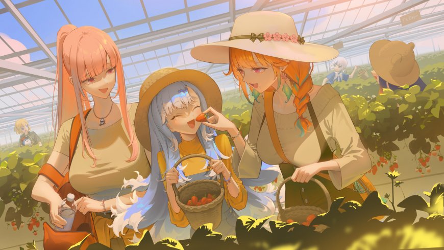 三位少女温室摘草莓暖金动漫电脑壁纸