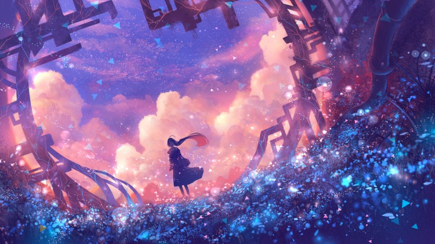 少女黑裙飘扬星云幻境粉紫蓝梦幻科幻电脑壁纸