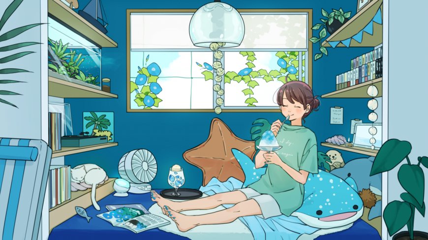 少女躺卧鲸鱼抱枕吃刨冰蓝绿清新动漫电脑壁纸
