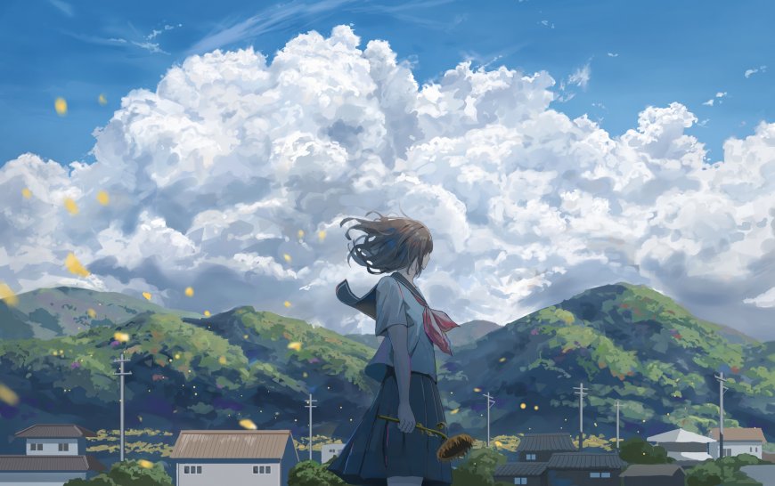 少女校服背影山野云海蓝白动漫电脑壁纸