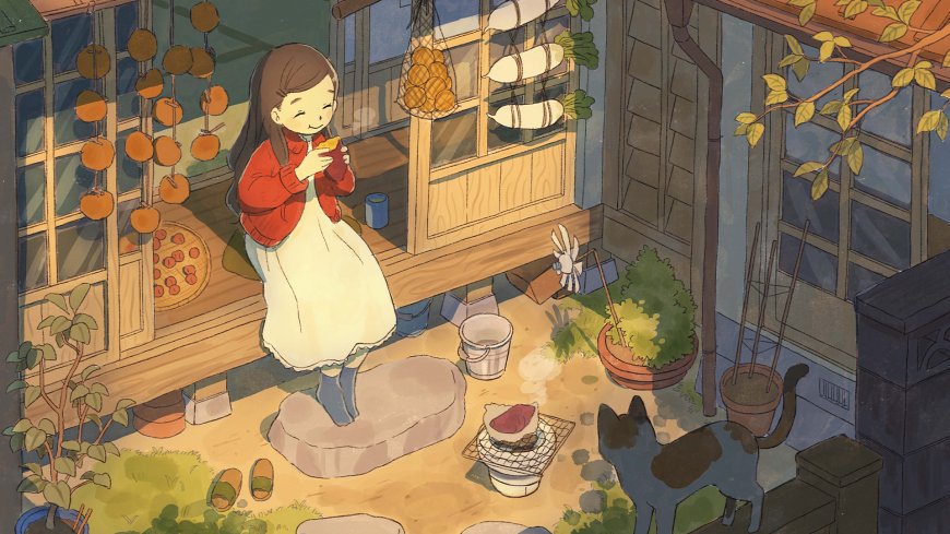 少女庭院吃点心暖黄温馨插画电脑壁纸