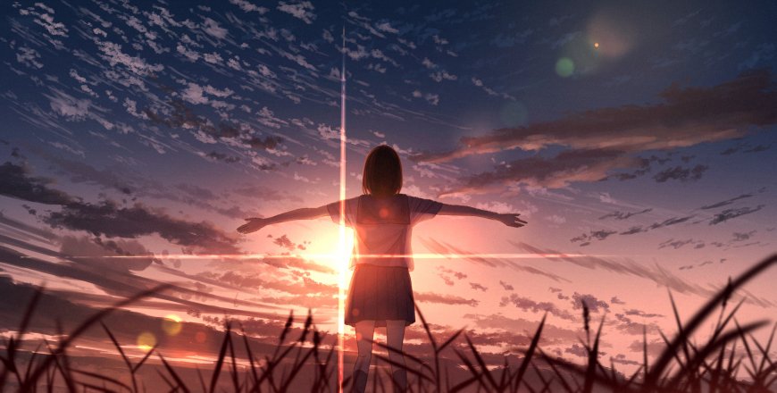 少女张开双臂迎向夕阳光束粉紫渐变插画电脑壁纸